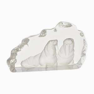 Etched Glass Piece with Walruses by Mats Jonasson for by Kosta Boda, Sweden, 1970s