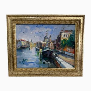 Mario De Luca, Venetian Landscape, 1990, Oil on Canvas, Framed
