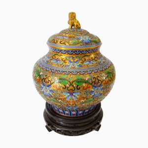 Antike chinesische Cloisonné Vase mit goldenem Foo Dog Deckel, 1940er