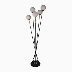 Vintage Arlus Floor Lamp in Black Lacquered Metal and Opaline Globes, 1960