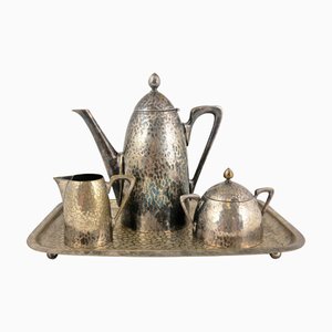 Art Deco Silvered Brass Coffee Set with Tray from Carl Deffner, 1920s, Set of 4