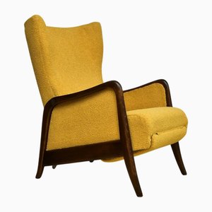 Wingback Chair with Folding Footrest in Yellow Bouclé, 1950s