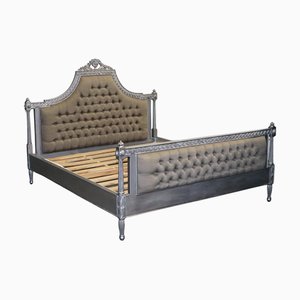 French Silver Frame Button Backed King Size Wooden Bed Frame
