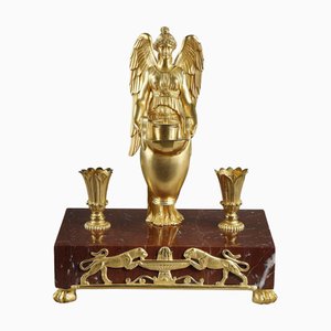 Encrier Empire Début 19ème Siècle en Bronze Doré et Marbre Rouge Griotte, 1815