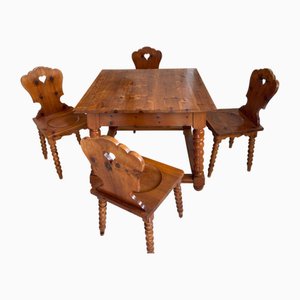 Vintage Farmhouse Chairs and Table in Pine, Set of 5
