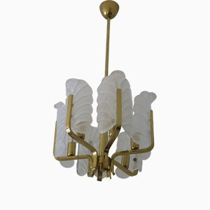 Acanthus Leaf Chandelier in Brass and Glass by Carl Fagerlund for Orrefors, 1960s