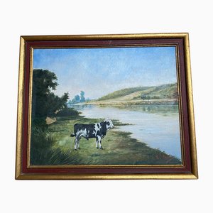 Französischer Schulkünstler, Kuh am Fluss, Ende 19. Jh., Öl auf Leinwand, Gerahmt