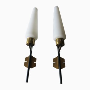 Tall Italian Brass and Opaline Glass Wall Lights from Stilnovo, 1950s, Set of 2