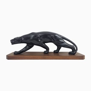 After S. Melani, Art Deco Black Panther Sculpture, 1930s, Plaster on Wood Base