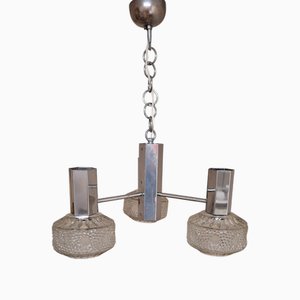 Vintage Three-Light Pendant Lamp with Chrome-Plated Metal Frame and Relief Glass Shades, 1960s