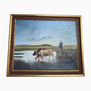 French School Artist, Pastoral Scene at the Watering Trough, Late 19th Century, Oil on Canvas, Framed