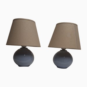 Vintage Bedside Lamps with Blue Ceramic Base and Beige Fabric Shade, 1990s, Set of 2