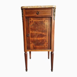 French Nightstand with Marble Top, Mahogany & Walnut Inlay, 1890s