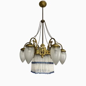 Lampadario Art Déco a 7 luci in ottone e vetro, anni '40