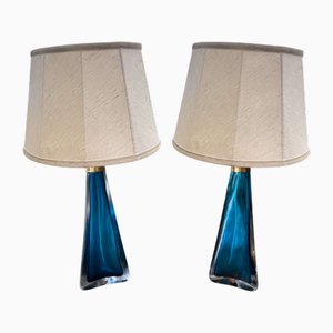Hellblaue schwedische Tischlampen aus Glas von Orrefors, 1960er, 2er Set