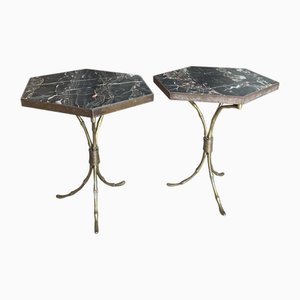 French Faux Bamboo Brass Side Tables with Marble Top in the style of Baguès, 1960s, Set of 2