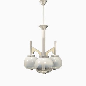 Lampadario vintage in acciaio e vetro, anni '60-'70
