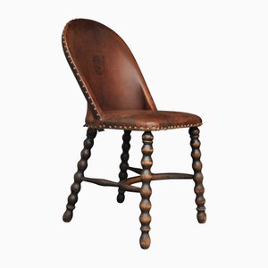 Chaise Bobbin Antique Victorienne en Acajou et Cuir, Angleterre