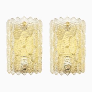 Mid-Century Modern Scandinavian Amber Glass and Brass Wall Lights by Carl Fagerlund for Orrefors, Sweden, 1960s, Set of 2