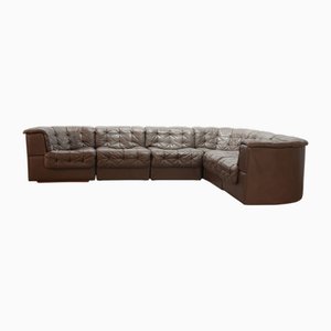 Vintage DS11 Patched Seal Brown Leather Modular Sofa from De Sede, 1970s, Set of 6