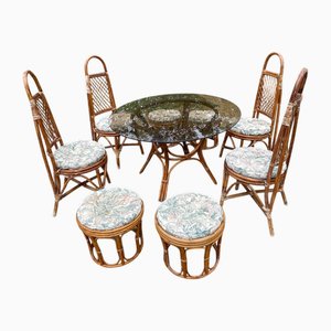 Juego de comedor vintage de ratán con mesa de vidrio, años 70. Juego de 9