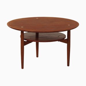 Round Danish Coffee Table in Teak with Brass Inlay and Lower Shelf, 1960s