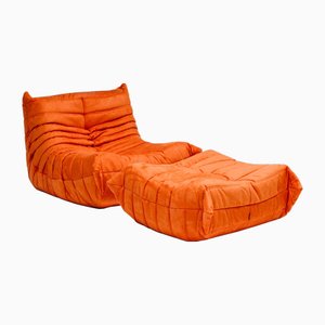 Set of Orange Togo Lounge Chair and Ottoman attributed to Michel Ducaroy for Ligne Roset