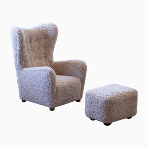 Set of 1672 Wingback Chair and Stool by Fritz Hansen, 1930s