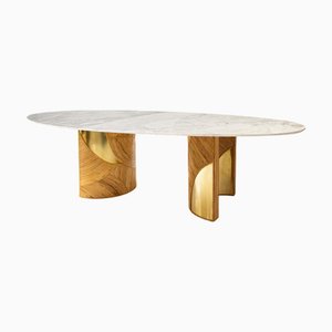 French Oval Dining Table with Carrara Marble Top and Bamboo Brass Bases, 1980