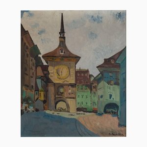 Paesaggio urbano della torre dell'orologio di Berna, dipinto a olio originale, metà del XX secolo