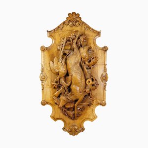 Grande placca antica in legno intagliato della Foresta Nera con cervi, 1900