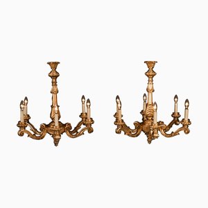 Lustres Vintage en Bois Doré à Six Branches, Angleterre, 1920s, Set de 2
