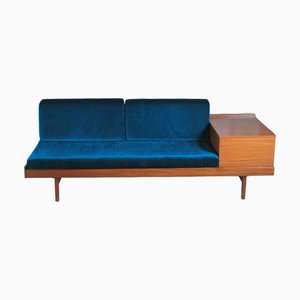 Divan Mid-Century en Teck avec Coussins en Velours Bleu Sarcelle, 1960s