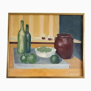 Bodegón con botellas verdes, pintura al óleo, enmarcado