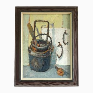 Cubos y ganchos, Pintura al óleo, Enmarcado