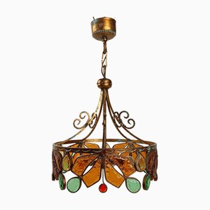 Mid 20th Century Chandelier in Gilt Wrought Iron and Hammered Glass attributed to Longobard, 1970s