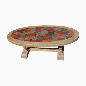 Oak and Ceramic Coffee Table by Barrois for Vallauris, 1950s