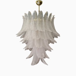 Lampadario grande in ottone e vetro di Murano con prismi di piume