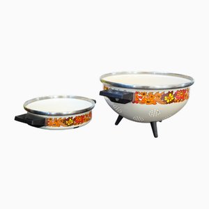 Vintage Enamel Floral Colander and Stew Pot Set, 1950s, Set of 2