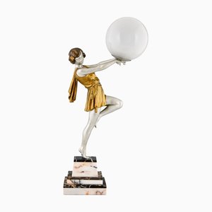 Art Deco Lady Holding a Ball Tischlampe von Emile Carlier, Frankreich, 1925