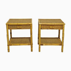 Vintage Bedside Tables in Bamboo and Wicker with Drawer and Shelf, Italy, 1970s, Set of 2