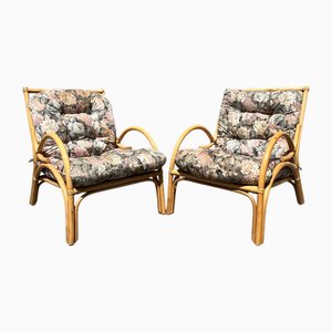 Große italienische Vintage Bambus Sessel mit floralen Kissen, 1970er, 2er Set