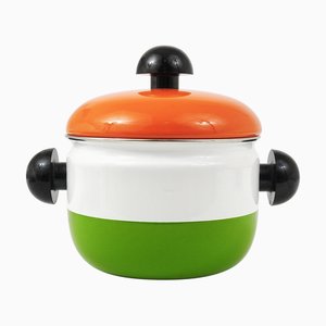 Orange, White and Green Enameled Pot with Lid attributed to Carl Auböck, Austria, 1970s