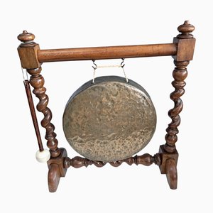 Grand Gong Victorien en Laiton avec Support Maillet en Chêne, 1890s