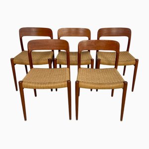 Vintage Danish Teak and Papercord Dining Chairs by Niels O. Møller for JL Møller, 1950s, Set of 5