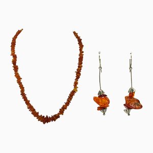 Collar y aretes vintage de ámbar báltico. Juego de 3