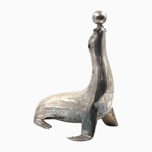 French Artist, Art Deco Seal Sculpture, 1920s-1940s, Silver-Plated Brass