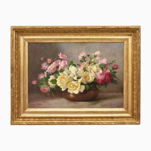 Jules Alexandre Gamba De Preydour, Still Life with Pink Roses, Oil on Canvas, 20th Century, Framed