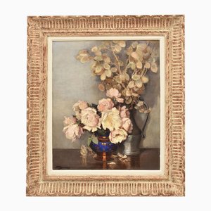 Maurice Alfred Decamps, Art Deco Still Life with Vase of White Roses, 1920s-1940s, Oil on Canvas