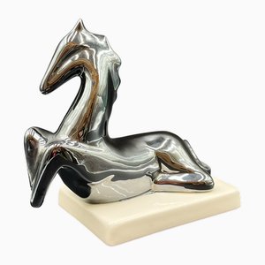 After Franz Marc, Shiny Horse Sculpture, 1920s-1940s, Platinum-Plated Metal on a Ceramic Base
